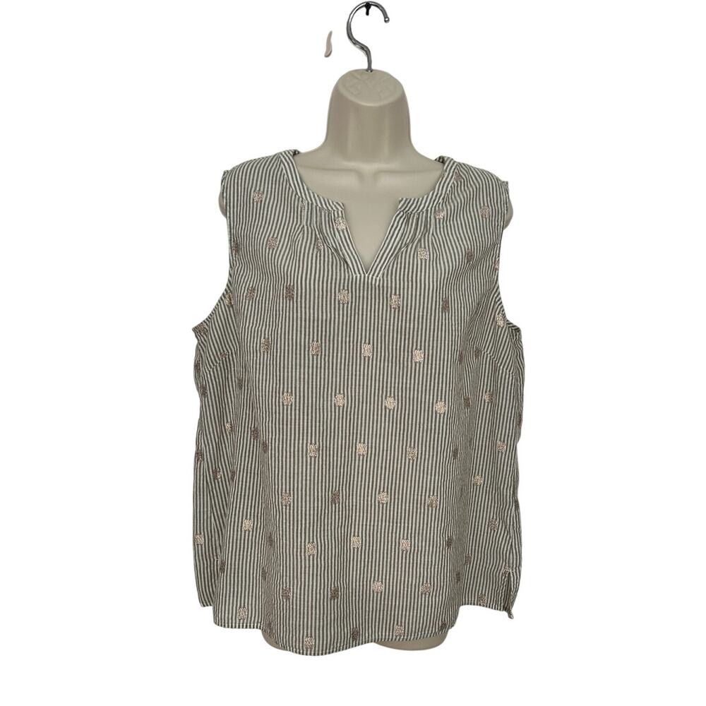 Talbots Sleeveless Top Gray White Stripe Metallic Floral Cotton Super Cute!  XL